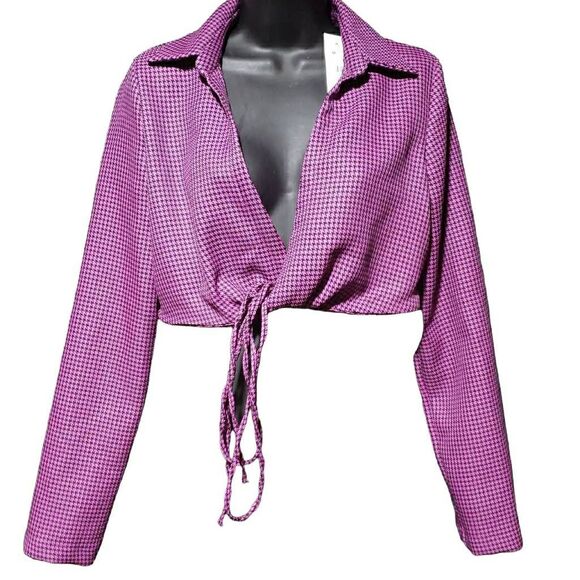 Zara Houndstooth Deep V-neck Long Sleeve Collared Crop Top Size Medium Pink and - Picture 1 of 11